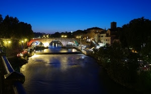 fiume, ponte, luci, blu, notte, sera, acqua, panorama, notturno