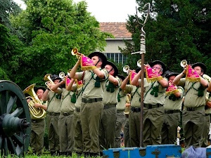 bersaglieri, ruota, banda, alberi, verde, strumenti, divisa, trombe, musica, fanfara, rosso, cappelli, ottoni, divise, cappello, cordone, uniforme, militari, esercito, soldati, tromba