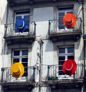 cappelli, balconi, giallo, blu, rosso, finestre, quattro, colori, balcone, ringhiera