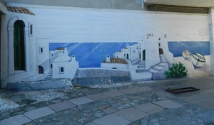 murales, barche, strada, bianco, muro, case, murale, mare, scale, disegno, finestre