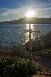 croce, mare, controluce, sole, acqua, rocce, tramonto