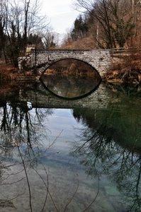 ponte, alberi, fiume, riflesso, acqua, cielo, rami, nuvole, arco, riflessi