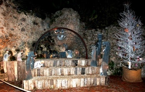 presepe, albero, natale, stella, muro, statuine, notturno
