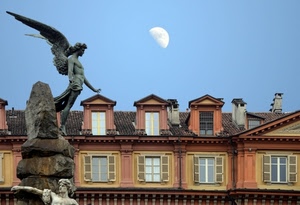 luna, angelo, abbaini, finestre, statua, ali, cielo, tetto