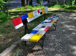 panchina, colori, giallo, bianco, strada, rosso, parco, verde, blu, erba, strisce, alberi, nero, legno, petali