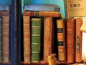 libri, libreria, dorsi, scaffale, verde, rilegature, titoli, volumi, vintage, antichi, tomi, riflesso, scritte, copertine