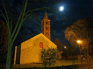 luna, chiesa, campanile, alberi, notturno, lampioni, lampione
